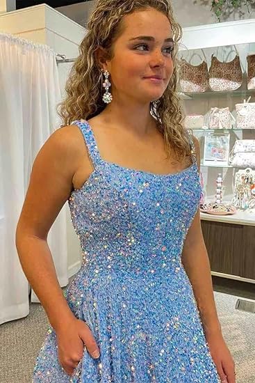 Sparkly Sequins A Line Prom Dresses Long Spaghetti Straps Party Dresses Backless Wide Hem Ball Gowns