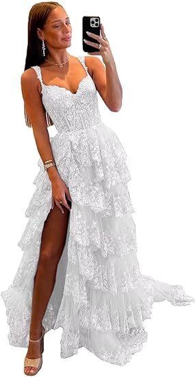 Glitter Tiered Tulle Lace Prom Dresses Long for Teens 2024 Spaghetti S –  Msikoods Official Store