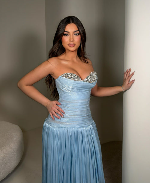 Shiny Strapless Prom Dress Crystal Corset Evening Gown Pleated Formal Dress Ms2605272