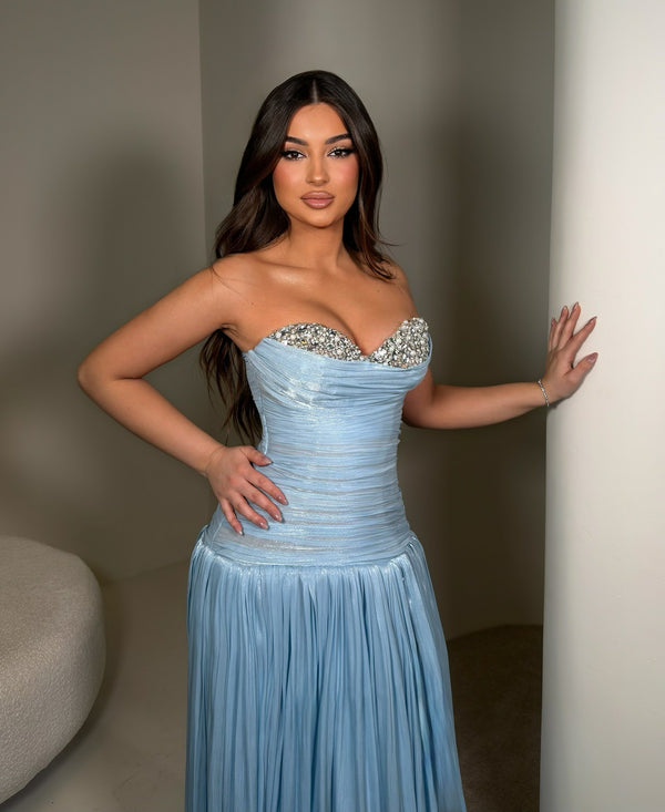 Shiny Strapless Prom Dress Crystal Corset Evening Gown Pleated Formal Dress Ms2605272