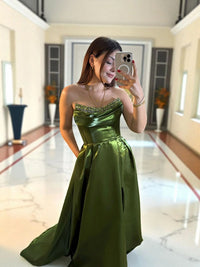 Shiny Satin Beaded Corset Formal Evening Gown High Slit A Line Prom Dress Ms2512231