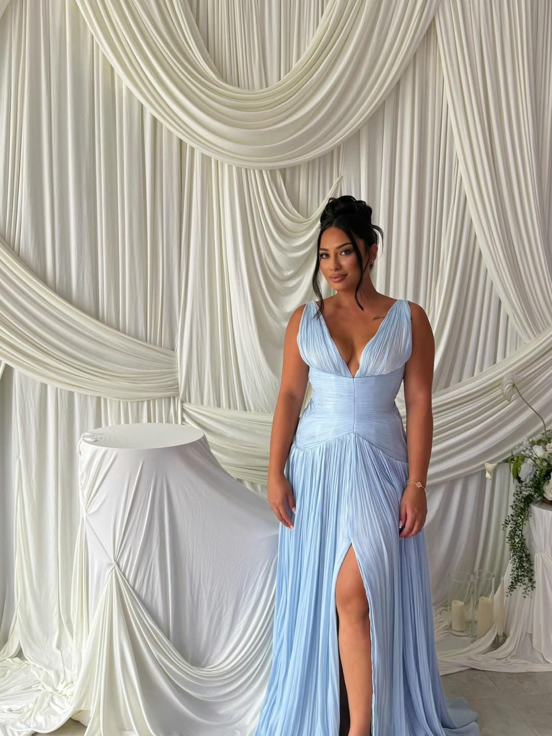 Deep V Neck Prom Dress Pleated Formal Evening Gown High Slit Wedding Guest Dress Ms2605264