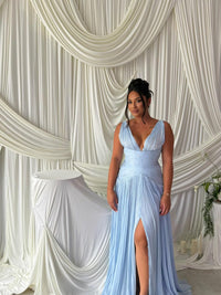 Deep V Neck Prom Dress Pleated Formal Evening Gown High Slit Wedding Guest Dress Ms2605264