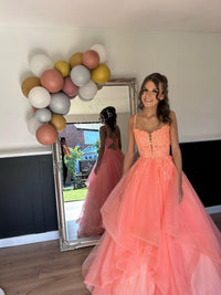Glitter Tulle Prom Dress Spaghetti Strap Lac Applique Formal Gown Princess Birthday Dress Ms2607085