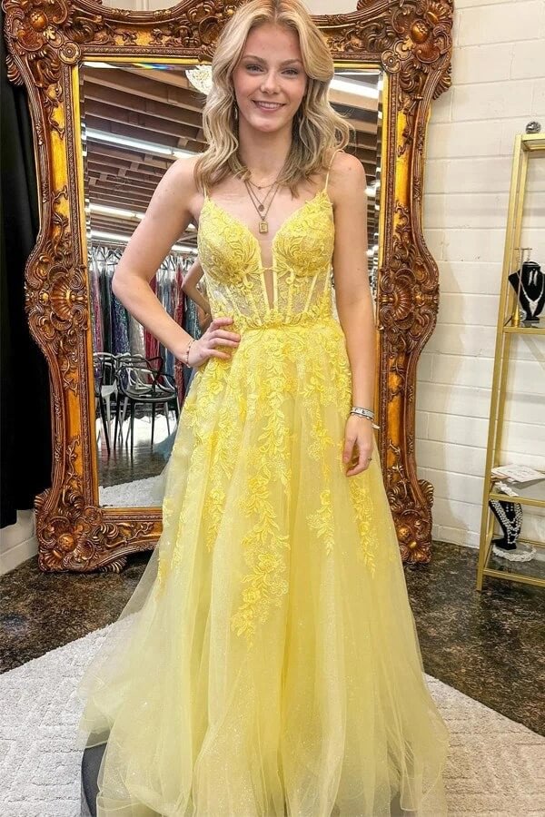 Ballkleid mit tiefem Ausschnitt und Spaghettiträgern, A-Linie, Tüll, Abendkleid, langes formelles Kleid für Damen