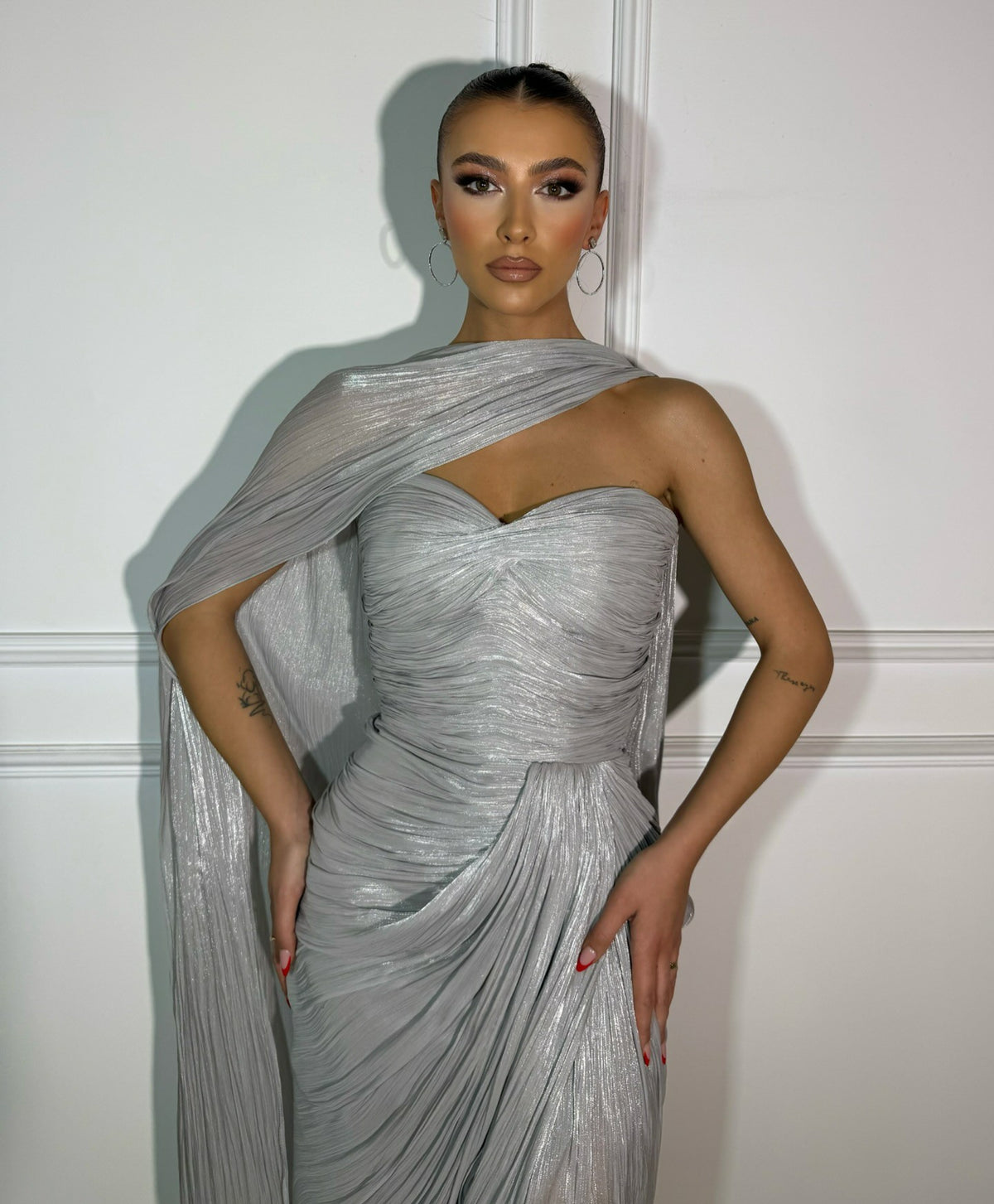 Silver Cape Evening Dress Sweetheart High Slit Ruched Maxi Prom Dress Ms2605305