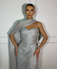 Silver Cape Evening Dress Sweetheart High Slit Ruched Maxi Prom Dress Ms2605305