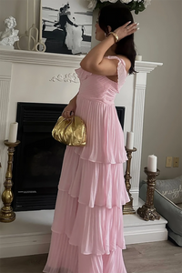 Off Shoulder Pleated Chiffon Prom Dress Tiered Ruffle Evening Gown Ms2606052