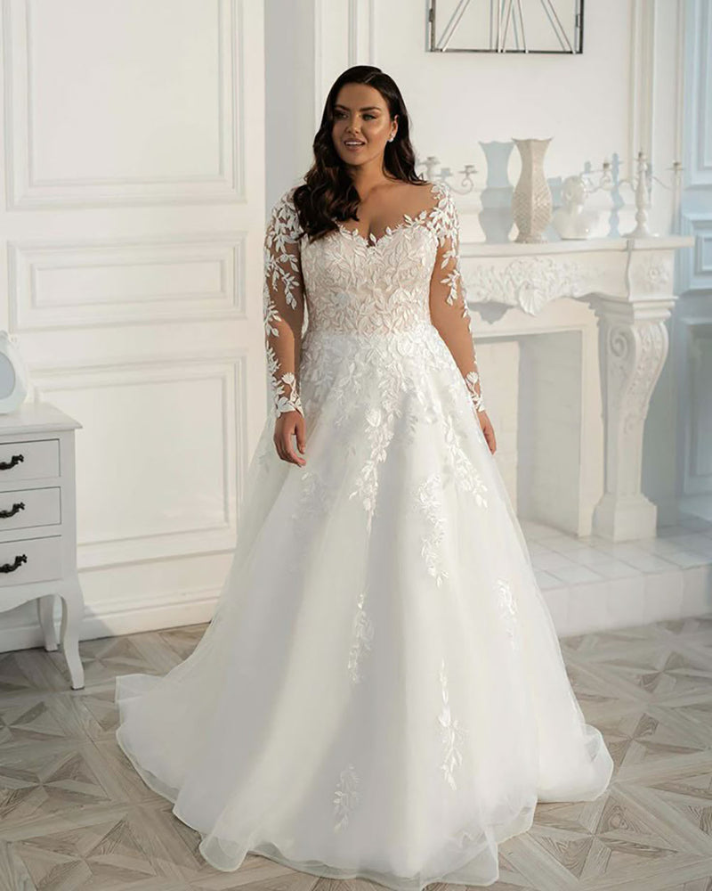 Abito da sposa con applicazioni in pizzo romantico, scollo a spalle scoperte, tulle, linea ad A, mod. Ms2503262