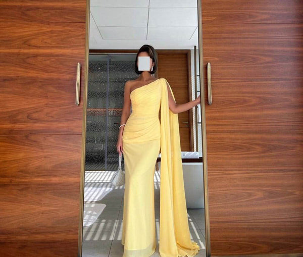 Unique One Shoulder Evening Gown Draped Cape Chiffon Prom Dress Ms2512132