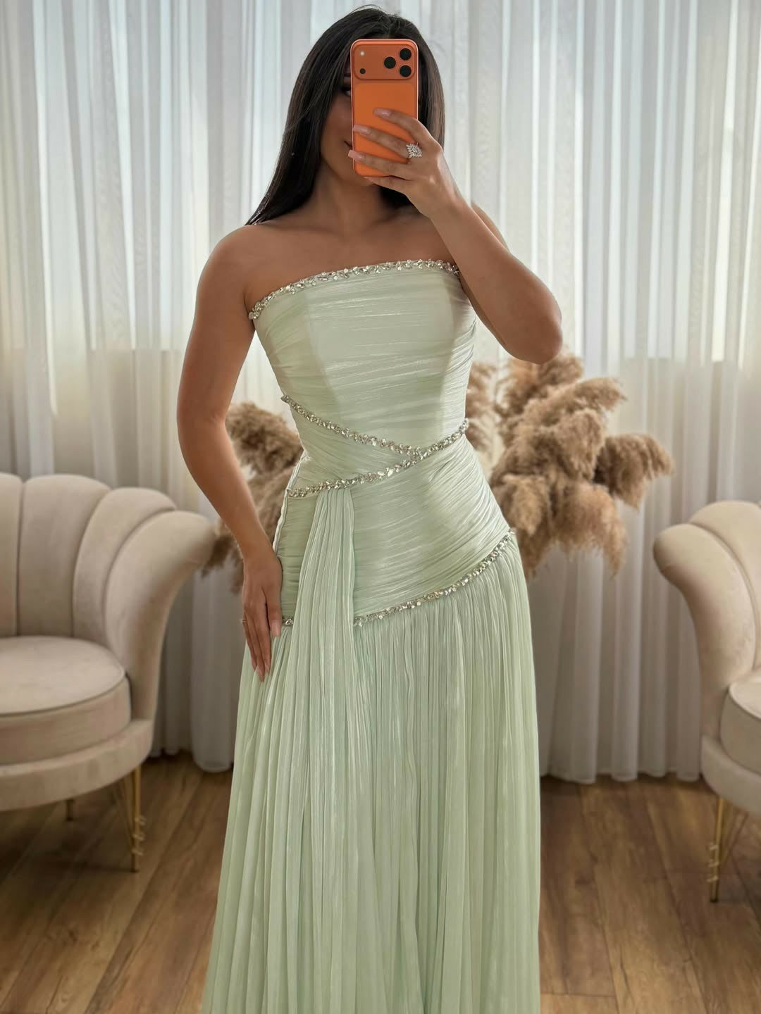 Elegantes grünes Ballkleid mit Rüschen und Rundhalsausschnitt für Damen, formelle Anlässe, Partykleid, Abendkleid