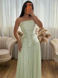 Elegantes grünes Ballkleid mit Rüschen und Rundhalsausschnitt für Damen, formelle Anlässe, Partykleid, Abendkleid