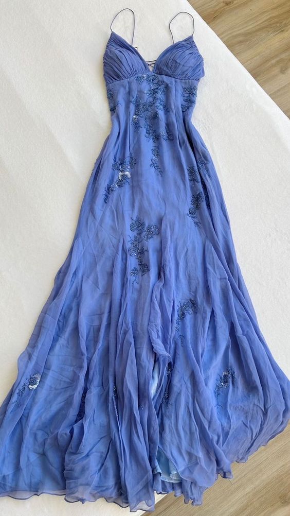 Sequin Beads Chiffon Formal Gown Spaghetti Strap Flowing Slit Prom Dress Ms2506112