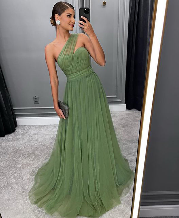 One Shoulder Prom Dress Pleated A Line Tulle Evening Gown Floor Length Formal Dress Ms2607291