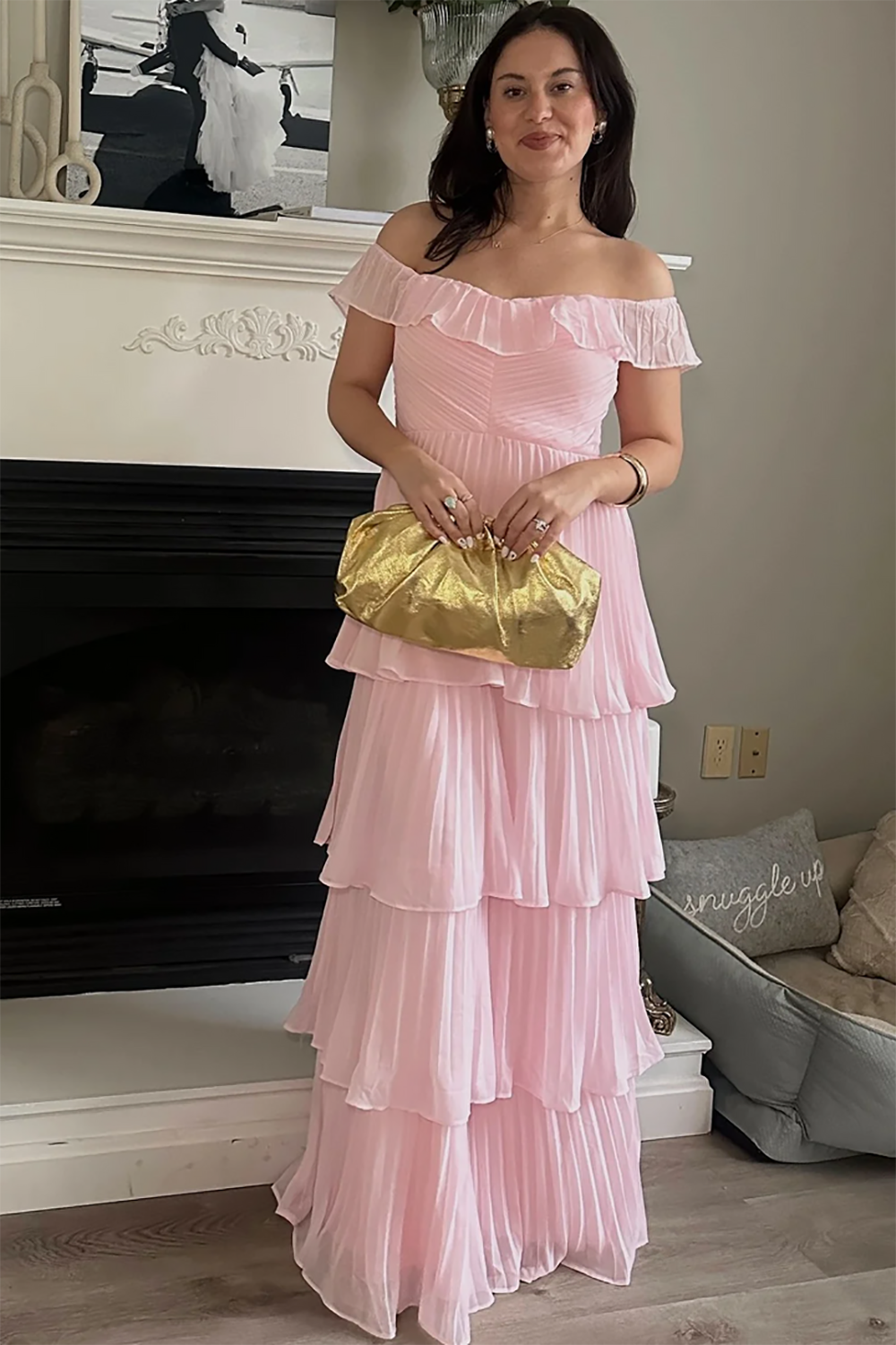 Off Shoulder Pleated Chiffon Prom Dress Tiered Ruffle Evening Gown Ms2606052