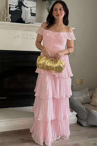 Off Shoulder Pleated Chiffon Prom Dress Tiered Ruffle Evening Gown Ms2606052