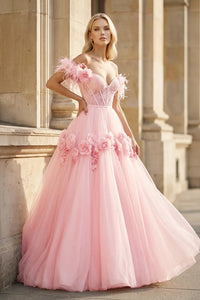 A Line Prom Dress Off Shoulder Lace Corset 3D Flower Tulle Evening Dress Ms2603108