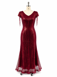 Women's V Neck Formal Evening Dress Sequin Beads Tassel Cap Sleeve Mermaid Prom Gown 2024 Party Maxi Dress