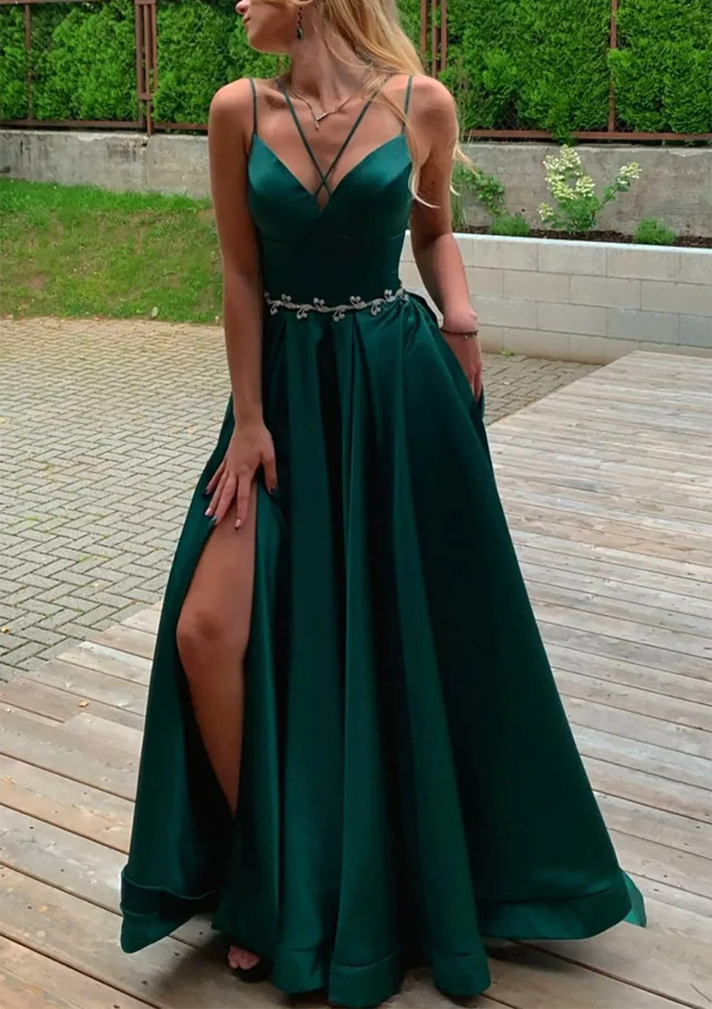 Satin Prom Dress Spaghetti Strap V Neck Belts A Line Evening Dress with High Slit Ms2603261