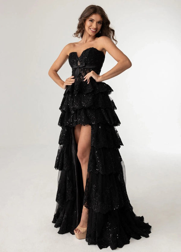 High Low Prom Dress Sequins Tiered Ruffle Ball Gown Lace Applique Evening Dress Ms2606051
