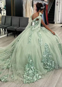 Sage Green Quinceanera Dress Floral Lace Appliques Ball Gown Off Shoulder Corset Tulle Party Gown Ms26055096