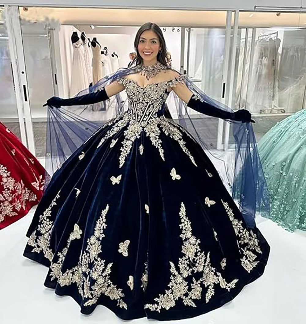 Princess Velvet Quinceanera Dresses With Cape Sparkly Gold Butterfly A –  Msikoods Official Store