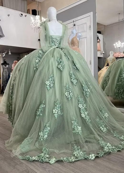Sage Green Quinceanera Dress Floral Lace Appliques Ball Gown Off Shoulder Corset Tulle Party Gown Ms26055096
