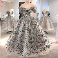 Vestido de Noite Vintage com Ombros Descobertos e Bolinhas, Vestido de Baile Formal para Festa
