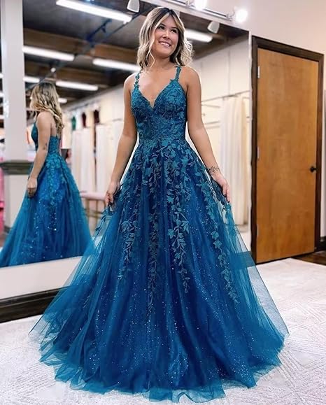 Fivsole Sparkly Lace Appliques Tulle Prom Dress Long A-Line Formal Tulle Evening Party Gowns