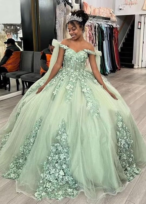 Sage Green Quinceanera Dress Floral Lace Appliques Ball Gown Off Shoulder Corset Tulle Party Gown Ms26055096