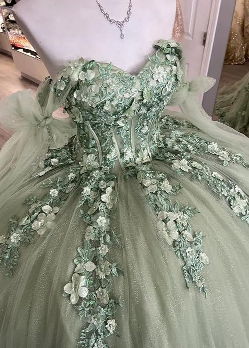 Sage Green Quinceanera Dress Floral Lace Appliques Ball Gown Off Shoulder Corset Tulle Party Gown Ms26055096