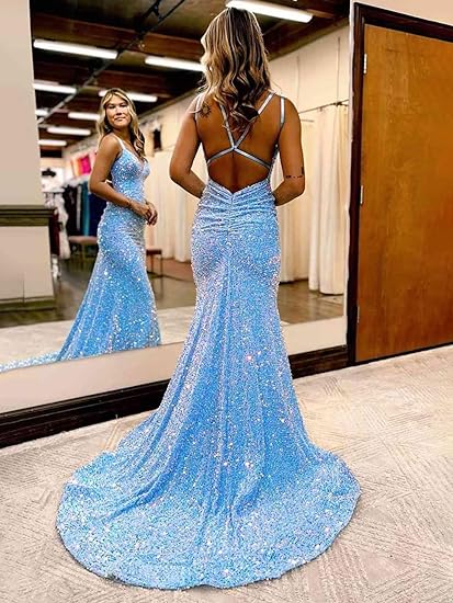 Mermaid Sequin 2024 Prom Dresses Long Spaghetti Straps Evening Dresses V Neck Formal Gowns