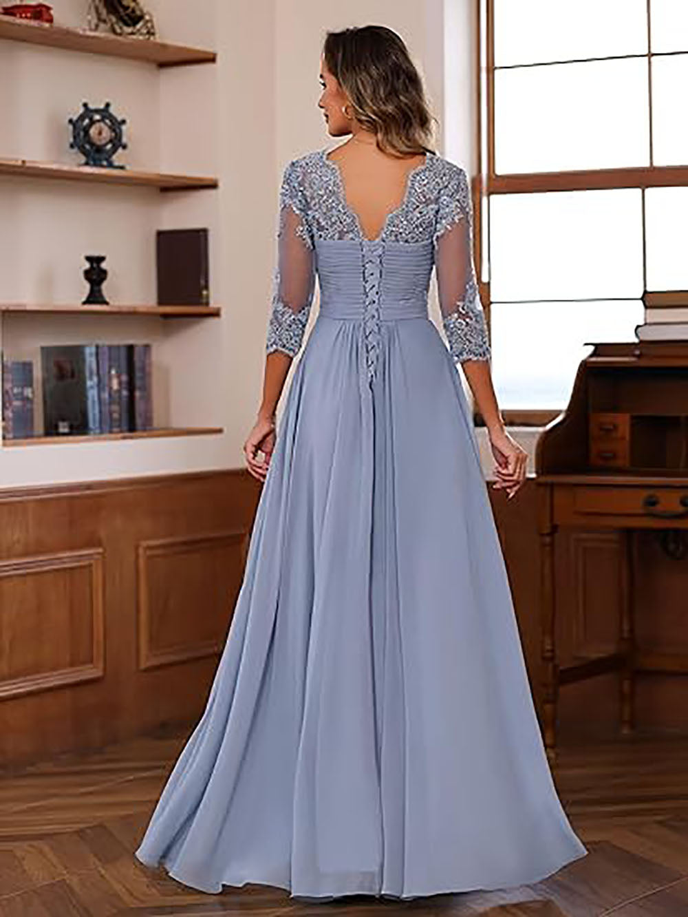 Abito Da Madre Della Sposa In Chiffon E Pizzo - Scollo A V, Maniche 3/4, Formale Per Cerimonie - Foto 7