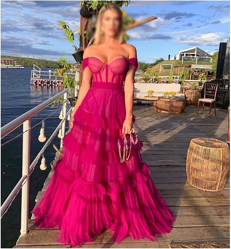 Fuchsia Tulle Prom Dress Tiered Ruffle Corset Evening Dress Formal Prom Party Gown Ms2505081