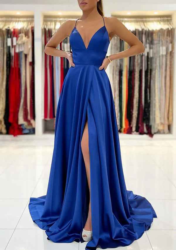 Satin Backless Prom Dress A Line Spaghetti Strap Formal Evening Gown Ms2603131