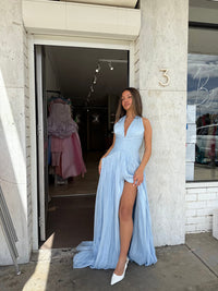 Deep V Neck Pleated Evening Dress High Slit Lace Up Prom Dress Ms2604273
