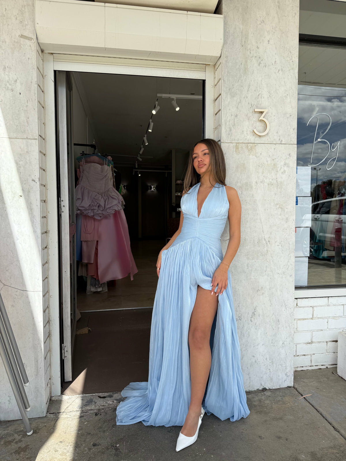 Sexy Deep V Halter Long Prom Dress Ruched Waist Flowing Formal Evening Gown Ms26041441