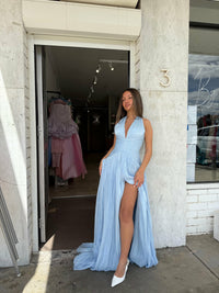 Sexy Deep V Halter Long Prom Dress Ruched Waist Flowing Formal Evening Gown Ms26041441