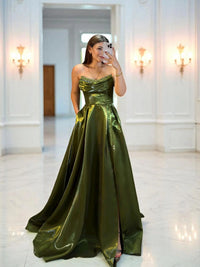 Shiny Satin Beaded Corset Formal Evening Gown High Slit A Line Prom Dress Ms2512231