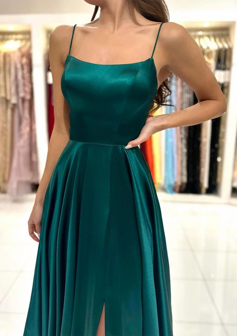 A Line Satin Prom Dress Slit Spaghetti Strap Evening Formal Gown Party Dress Ms263262