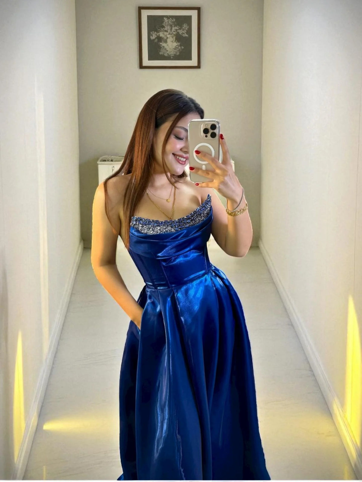 Shiny Satin Beaded Corset Formal Evening Gown High Slit A Line Prom Dress Ms2512231