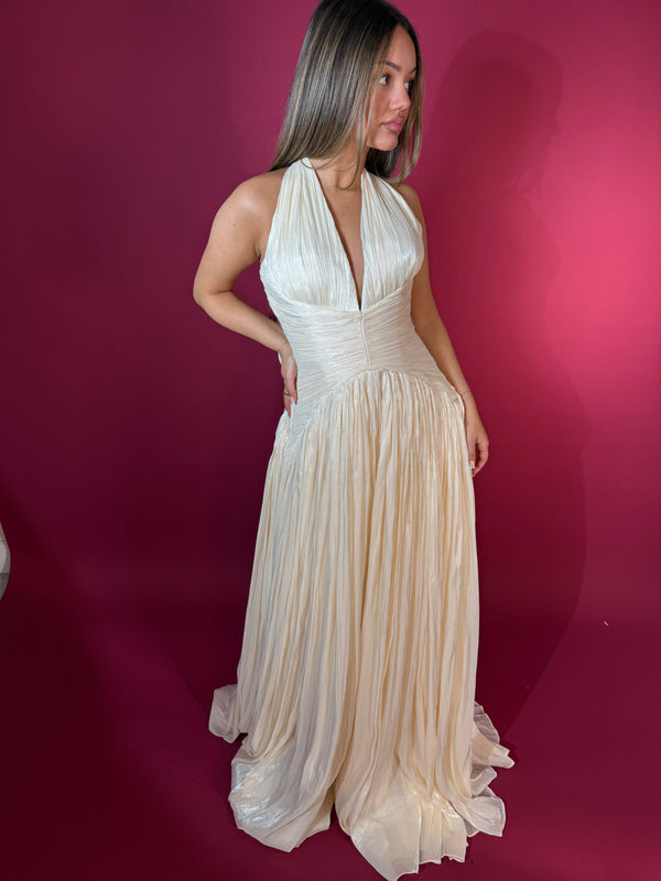 Halter Deep V Neck Pleated Evening Dress Slit Formal Gown Prom Dress Ms2604262