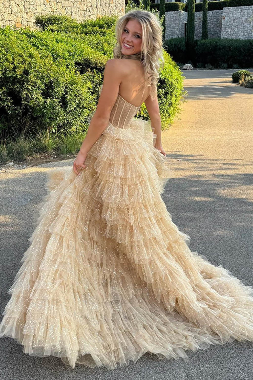 Glitter Prom Dress Strapless Corset Tulle Layered Ruffles Evening Dress Birthday Goown Ms2609136