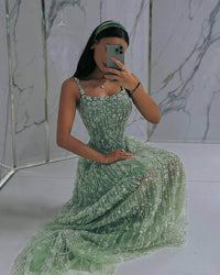 Mint Green Beaded Evening Gown Spaghetti Strap Corset A Line Prom Dress Ms2512191