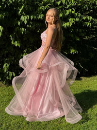 Pink Prom Dress Spaghetti Straps Applique Corset A Line Tulle Glitter Evening Dress Ms2607162