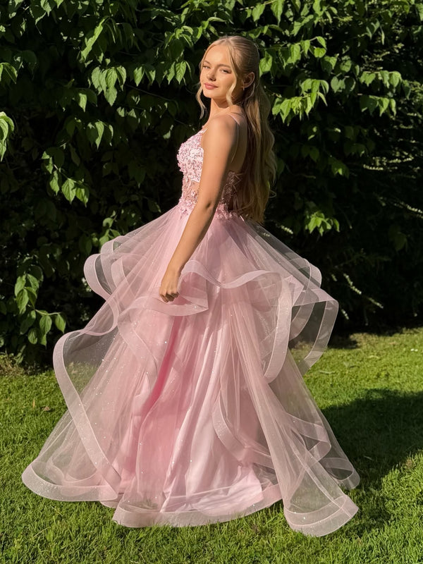 Pink Prom Dress Spaghetti Straps Applique Corset A Line Tulle Glitter Evening Dress Ms2607162