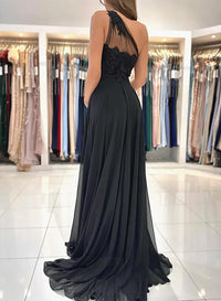 One Shoulder Prom Dress High Slit Chiffon A Line Evening Gown Lace Appliques Formal Dress Ms2606142