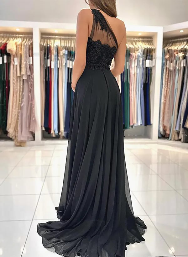 One Shoulder Prom Dress High Slit Chiffon A Line Evening Gown Lace Appliques Formal Dress Ms2606142