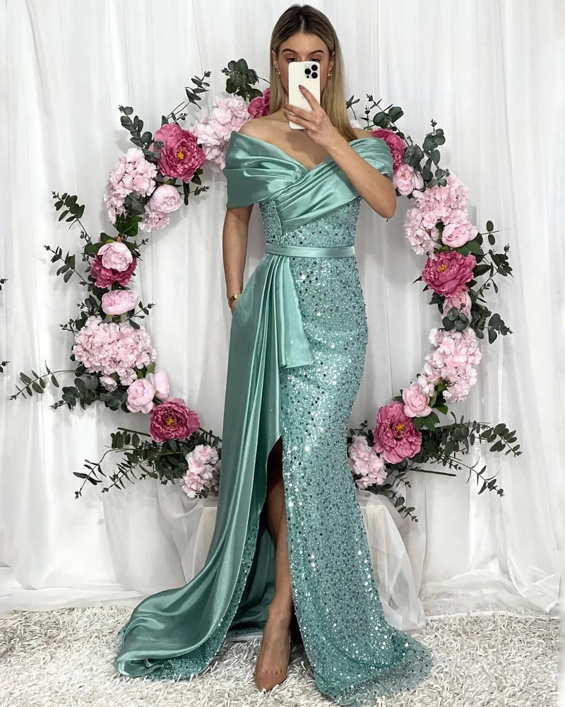 Sequin Evening Dress Off Shoulder Satin Slit Prom Dress Formal Events Ms2512051