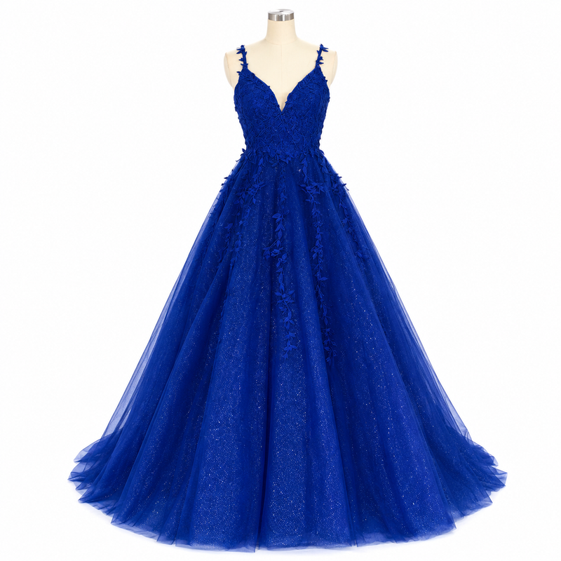 Abiti da cerimonia in tulle per donna con applicazioni di pizzo scintillanti, lunghi abiti da ballo con spalline sottili, abiti da sera a linea ad A